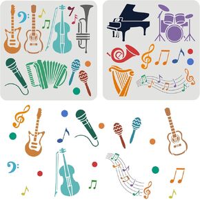 FINGERINSPIRE 2 pcs Musical Instruments Stencil 11.8x11.8inch Reusable Music Drawing Stencil Rock Band Stencil Orchestra Instruments Stencil for Painting on Wood, Floor, Furniture, Wall and Paper