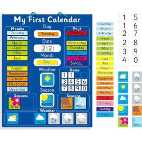 Interactive Children's Magnetic Learning Calendar - Blue- Fun Educational Tool for Time, Seasons, and Weather Awareness - 40x32 cm with Easy Hang Loop