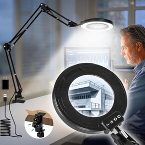 12X Magnifying Glass with Light and Clamp, Real Glass Lens Lighted Magnifier, 3 Section Swing Arm and 5 Color Modes 10 Levels Dimming LED Magnifying Lamp for Reading Painting Craft Hobby Close Work