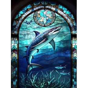 PUAGEMTI Diamond Painting Kit, Stained Glass Shark Diamond Art for Adults, 5D Diamond Painting Kit for Adults, Diamond Art Kit with Diamond Painting for Home Wall Decor 12x16 Inches