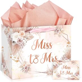 Yomaiha Bridal Shower Gift Bag Wedding Miss to Mrs Gifts Bag with Tissue and Card Bridal Shower Gift Wrapping Paper Bag Floral Boho Wedding Gift Bags Bride Engagement Bachelorette Party Bag