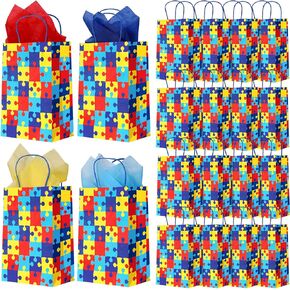Teling 32 Pcs Autism Awareness Paper Gift Bags with Handle Novelty Colorful Puzzle Paper Goodie Bags with Tissue Paper Gift Giving Autism Candy Bags for Fundraiser and Event Party Supplies