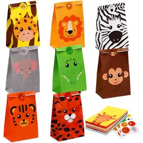 Nezyo 24 Pack Safari Party Favor, Jungle Safari Goodies Bags Animal Gift Bags for Kids with Stickers Jungle Theme Candy Valentine's Party Baby Shower Supplies