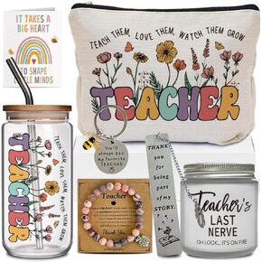 FALJIOK 6 Pieces Teacher Gifts Set Included Glass Cup Candle Keychain Bookmark Natural Stone Bracelets with Card Thank You Card Make Up Bag Set Gifts for Birthday Teacher Appreciation Gift Set