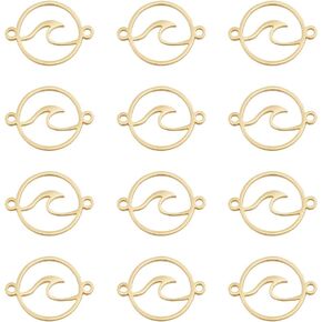 UNICRAFTALE 12pcs Real 18K Gold Wave Charms Flat Round with Wave Connector Stainless Steel Links Charms Ocean Pendant Manual Polishing Charms for Outdoor Lovers Surf Climbers Graduation Gift 20x16mm