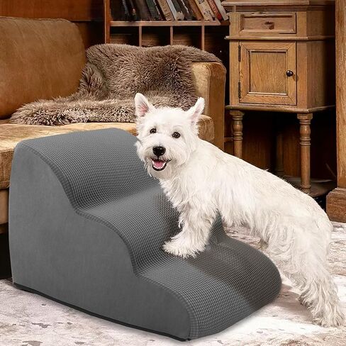 Dog Steps for Small Dog, Dog Stairs for High Beds and Couch, 16" High 3-Step High Density Foam Pet Stairs for Dogs Injured, Older Dogs Cats, Pet with Joint Pain (Grey) in Saudi Arabia