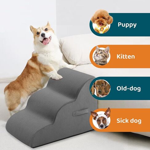 Dog Steps for Small Dog, Dog Stairs for High Beds and Couch, 16" High 3-Step High Density Foam Pet Stairs for Dogs Injured, Older Dogs Cats, Pet with Joint Pain (Grey) in Saudi Arabia