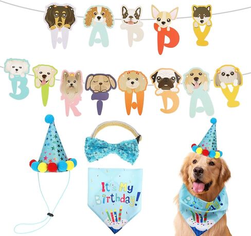Jeffdad Dog Birthday Party Supplies, Boy Girl Dog Birthday Hat Puppy Tie Numbers Pet Theme Birthday Decorations Suit for Dog Birthday Party Decorations (Blue) in Saudi Arabia