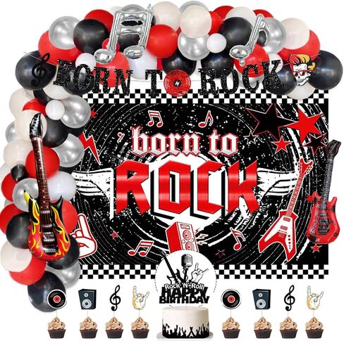 95 PCs Rock and Roll Party Decorations, Hombae Rock Music Themed Birthday Party Supplies Born to Rock Backdrop Balloon Garland Glitter Banner Cake Cupcake Topper Guitar Rock Star Black Red Silver in Saudi Arabia