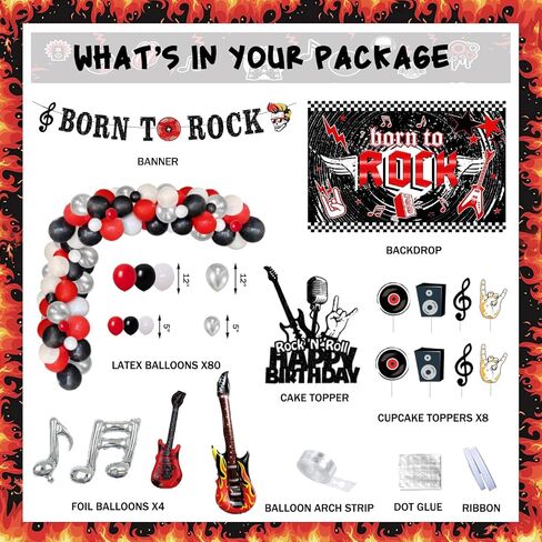 95 PCs Rock and Roll Party Decorations, Hombae Rock Music Themed Birthday Party Supplies Born to Rock Backdrop Balloon Garland Glitter Banner Cake Cupcake Topper Guitar Rock Star Black Red Silver in Saudi Arabia