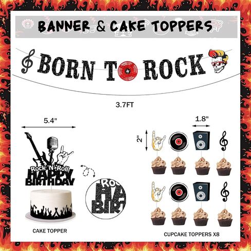 95 PCs Rock and Roll Party Decorations, Hombae Rock Music Themed Birthday Party Supplies Born to Rock Backdrop Balloon Garland Glitter Banner Cake Cupcake Topper Guitar Rock Star Black Red Silver in Saudi Arabia