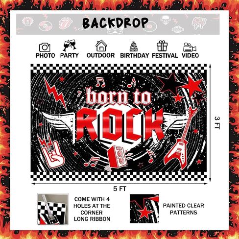 95 PCs Rock and Roll Party Decorations, Hombae Rock Music Themed Birthday Party Supplies Born to Rock Backdrop Balloon Garland Glitter Banner Cake Cupcake Topper Guitar Rock Star Black Red Silver in Saudi Arabia