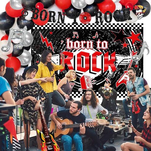 95 PCs Rock and Roll Party Decorations, Hombae Rock Music Themed Birthday Party Supplies Born to Rock Backdrop Balloon Garland Glitter Banner Cake Cupcake Topper Guitar Rock Star Black Red Silver in Saudi Arabia
