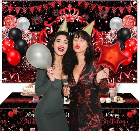 Red and Black Birthday Decorations Happy Birthday Backdrop 66 Pcs Balloons Set Red and Black Party Supplies for Men Women Red Party Decorations in Saudi Arabia