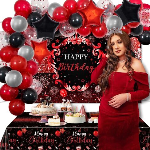 Red and Black Birthday Decorations Happy Birthday Backdrop 66 Pcs Balloons Set Red and Black Party Supplies for Men Women Red Party Decorations in Saudi Arabia