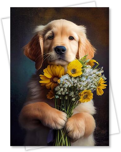Golden Retriever مع الزهور جميع المناسبات بطاقة المعايدة - الكلب مع الزهور من مجموعة الفريدة من الكلاب الحفلات مجموعة - كبيرة 5 × 7 بوصة - فارغة في الداخل مع مظروف أبيض in Kuwait