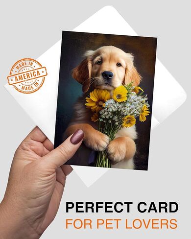 Golden Retriever مع الزهور جميع المناسبات بطاقة المعايدة - الكلب مع الزهور من مجموعة الفريدة من الكلاب الحفلات مجموعة - كبيرة 5 × 7 بوصة - فارغة في الداخل مع مظروف أبيض in Kuwait