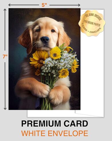 Golden Retriever مع الزهور جميع المناسبات بطاقة المعايدة - الكلب مع الزهور من مجموعة الفريدة من الكلاب الحفلات مجموعة - كبيرة 5 × 7 بوصة - فارغة في الداخل مع مظروف أبيض in Kuwait