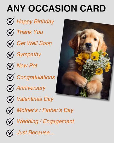 Golden Retriever مع الزهور جميع المناسبات بطاقة المعايدة - الكلب مع الزهور من مجموعة الفريدة من الكلاب الحفلات مجموعة - كبيرة 5 × 7 بوصة - فارغة في الداخل مع مظروف أبيض in Kuwait