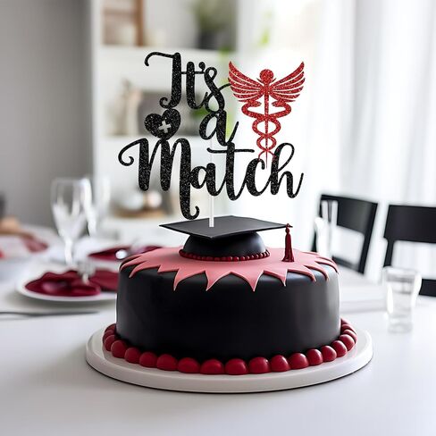 It's A Match Cake Topper, Happy Match Day Cake Topper, Match 2025, Doctor Match Day Decor, Medical School Residency Party Decorations (Black and Red Glitter) in Saudi Arabia