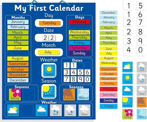 Interactive Children's Magnetic Learning Calendar - Blue- Fun Educational Tool for Time, Seasons, and Weather Awareness - 40x32 cm with Easy Hang Loop in Saudi Arabia