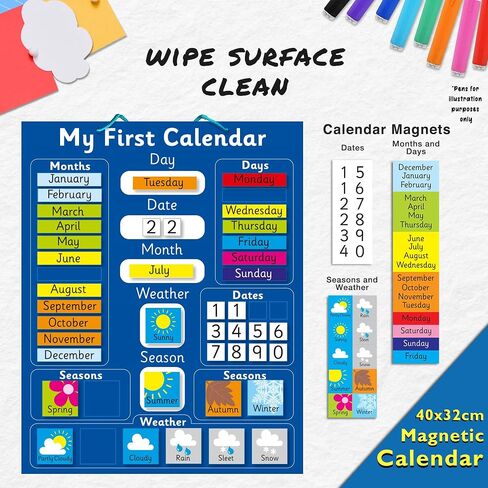 Interactive Children's Magnetic Learning Calendar - Blue- Fun Educational Tool for Time, Seasons, and Weather Awareness - 40x32 cm with Easy Hang Loop in Saudi Arabia