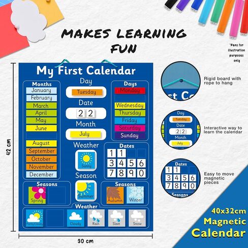 Interactive Children's Magnetic Learning Calendar - Blue- Fun Educational Tool for Time, Seasons, and Weather Awareness - 40x32 cm with Easy Hang Loop in Saudi Arabia