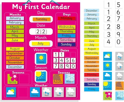 Interactive Children's Magnetic Learning Calendar - Blue- Fun Educational Tool for Time, Seasons, and Weather Awareness - 40x32 cm with Easy Hang Loop in Saudi Arabia