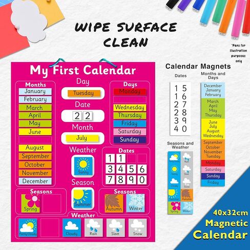 Interactive Children's Magnetic Learning Calendar - Blue- Fun Educational Tool for Time, Seasons, and Weather Awareness - 40x32 cm with Easy Hang Loop in Saudi Arabia