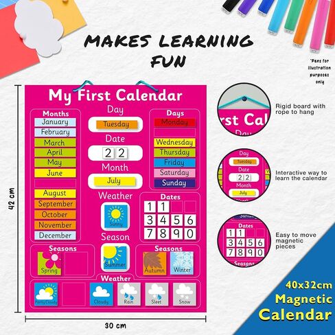 Interactive Children's Magnetic Learning Calendar - Blue- Fun Educational Tool for Time, Seasons, and Weather Awareness - 40x32 cm with Easy Hang Loop in Saudi Arabia
