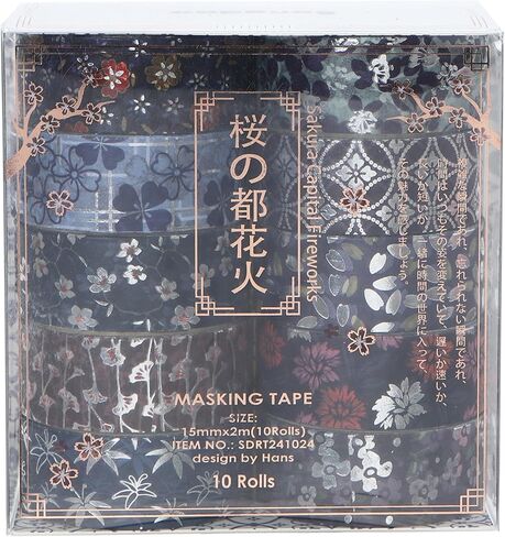 10 Rolls Sakura Washi Tape Set Japanese Arts Adhesive Tapes Gold Silver Foil Decorative Masking Tape Sets for Craft, Kids, Scrapbook, DIY, Gift Wrapping (Sakura Nightfall) in Saudi Arabia