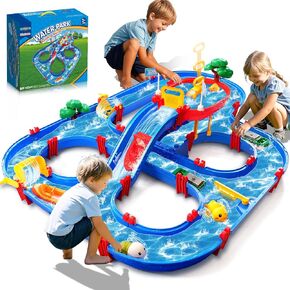Double-Tier Kids Water Table Toys, 100PCS Water Park Playset with Pump, DIY Toddler Waterways, Summer Outdoor Toys for Backyard,Lawn,Beach,Pool, Outside Activity Funs for Boys Girls 4-8 3-5