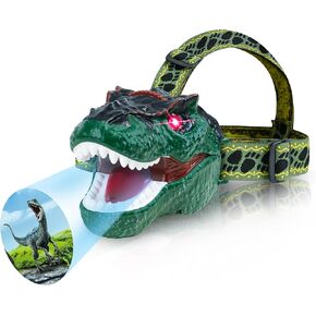 Dinosaur Headlamp for Kids T-Rex LED Flashlight with Roar Sound and Projection Adjustable Headband Fun Camping Gear Outdoor Adventure Toy Gift for Boys and Girls Ages 3-8