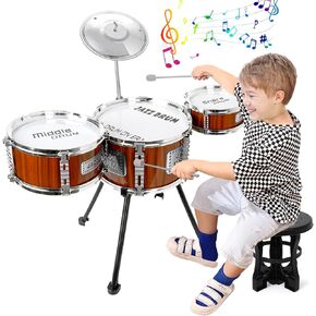 Kids Drum Set Music Toy Drum Set for Toddlers Ages 3-5 Jazz Drum Kit with Stool, 3 Drums Percussion Musical Instruments Toys for 3 4 5 Year Old Boys Girls Gifts