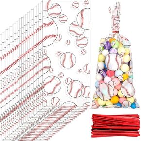 Outus 100 Pieces Baseball Party Treat Bags Baseball Candy Bags Baseball Cellophane Bags Baseball Goodie Bags Sports Treat Bags with 150 Pieces Red Twist Ties for Baseball Party Favors