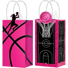Jetec 16 Pcs Basketball Gift Bags Girls Reusable Pink Basketball Goodie Candy Treat Snack Bags with Handles for Team Party Favor Sport Birthday Party Supplies