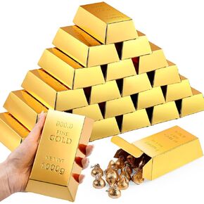 Honoson 50 Pcs Gold Bar Fake Gift Box Foil Gold Bar Party Favor Boxes Paper Golden Favor Boxes Treasure Brick for Pirate Casino Theme Party Decorations Candy Chocolate Box 5.5 x 3.2 Inches