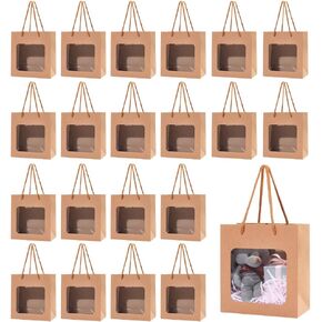 BENECREAT 50pcs Gift Bags with Transparent Window, Kraft Paper Shopping Bags with Handle for Birthday Wedding Party Florist Christmas Packing, 5.8x5.5x2.8