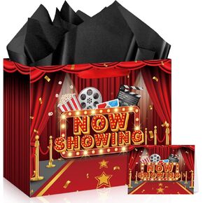 Movie Gift Bag Red Cinema Birthday Wrapping Paper Bags with Card Tissue Paper for Christmas Movie Night Party Favors Decor Movie Theater Red Carpet Now Showing Awards Men Women Decorations Supplies