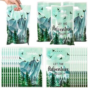ANGOLIO 50Pcs Let the Adventure Begin Party Favor Bags, Adventure Tour Plastic Loot Gifts Bags, Camping Goody Candy Treat Packaging with handles for Kids Adventure Tour Themed Birthday Party Supplies