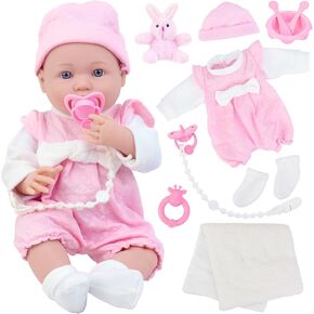 16 Inch Baby Doll Reborn,11 Pcs Realistic Baby Doll Outfits with Toy Rabbit,Baby Doll Clothes,Hat and Baby Doll Accessories,Lifelike Soft Body Baby Dolls for Toddlers