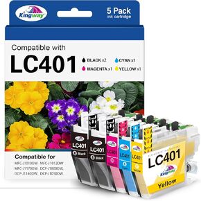 KINGWAY LC401 Ink Cartridges Replacement for Brother LC401 Ink Cartridges, LC401 Ink Cartridges Compatible with Brother MFC-J1010DW / MFC-J1012DW / MFC-J1170DW Printer, 5Pack (2bk/c/m/y)