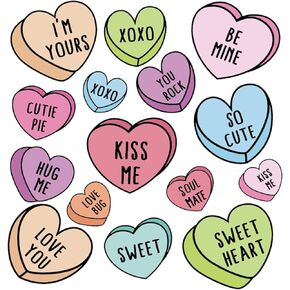 Whaline 45Pcs Valentine's Day Conversation Heart Cutouts Love Candy Heart Accent Cutouts Colorful Assorted Sizes Heart Craft Cutouts with Glue Points for Classroom Bulletin Board Decoration