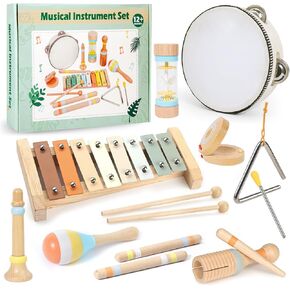 Baby Musical Instruments Set - 9pcs Neutral Colors Wooden Montessori Toys Percussion Music Modern Boho Xylophone Birthday Gifts for 1 2 3 Year Old Kids Toddlers Educational Birthday