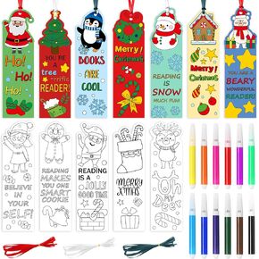 ANGOLIO 135Pcs Merry Christmas Color Your Own Bookmarks for Kids DIY Coloring Blank Bookmark with Snowman Christmas Tree Classroom Art Craft Supplies for Students Christmas Reward (Watercolor Pencils)