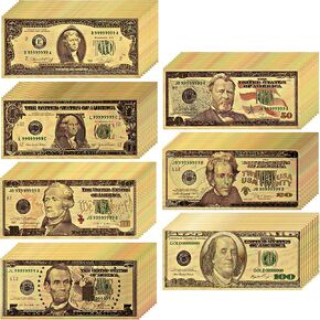 USA President 1/2/5/10/20/50/100 Dollar Bill Banknote, 24k Gold Coated Legacy Limited Edition Chief Executive Banknote Bill Great Gift for Coin Currency Collectors and Republican (70 Pack)