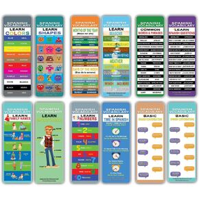 Creanoso Learn Spanish Vocabulary Learning Bookmarks Cards (12-Pack) – Easy Spanish Learning Pack - Party Favors Teacher Classroom Reading Rewards Cool Gifts for Young Readers Bibliophiles