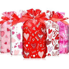 Capoda 50 Pcs Valentine‘s Day Treat Bags Plastic Drawstring Gifts Goodie Candy Snack Bags Red Heart Party Favors for Valentine‘s Day Exchange Gifts Wedding Bridal Birthday Party Supplies(6 x 9 Inch)
