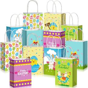 Spakon 12 Pieces Easter Gift Paper Bags Easter Party Favor Bags with Handles Easter Treat Bags Kids with Happy Easter for Easter Party Supplies Candy Cookie Goodies Gift Wrapping