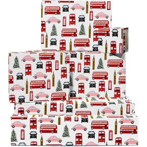 CENTRAL 23 London Christmas Wrapping Paper for Women Men Boy Girl - 6 Sheets of Xmas GiftWrap - British Winter Holiday Vacation Travel - Buses - Red Green White Presents - Thick & Recyclable